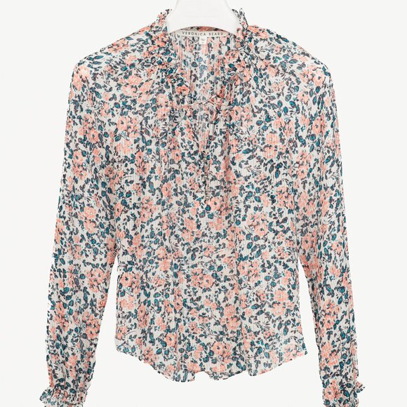 Veronica Beard Antonette White Floral-Print Silk Ruffled Blouse - Picture 2 of 10